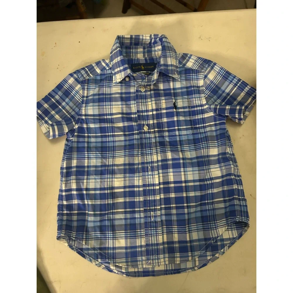 Ralph Lauren Boys 3T Performance Plaid Short Sleeve Button Down Shirt Blue White